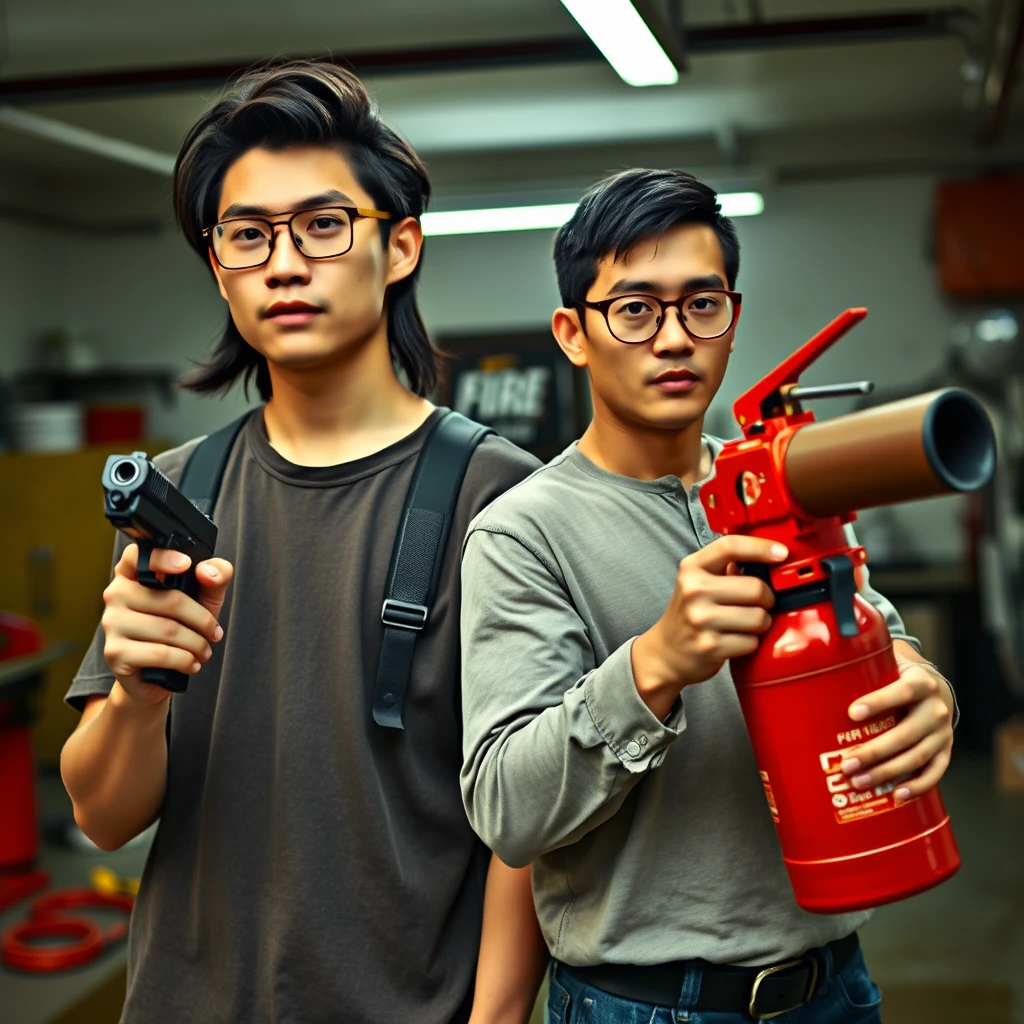 "21-year-old white Chinese man wearing square glasses, mid/long black mullet hair, holding a pistol"; "21-year-old white Italian man wearing round glasses, short hair, holding a very large fire extinguisher flamethrower", garage setting. - Image