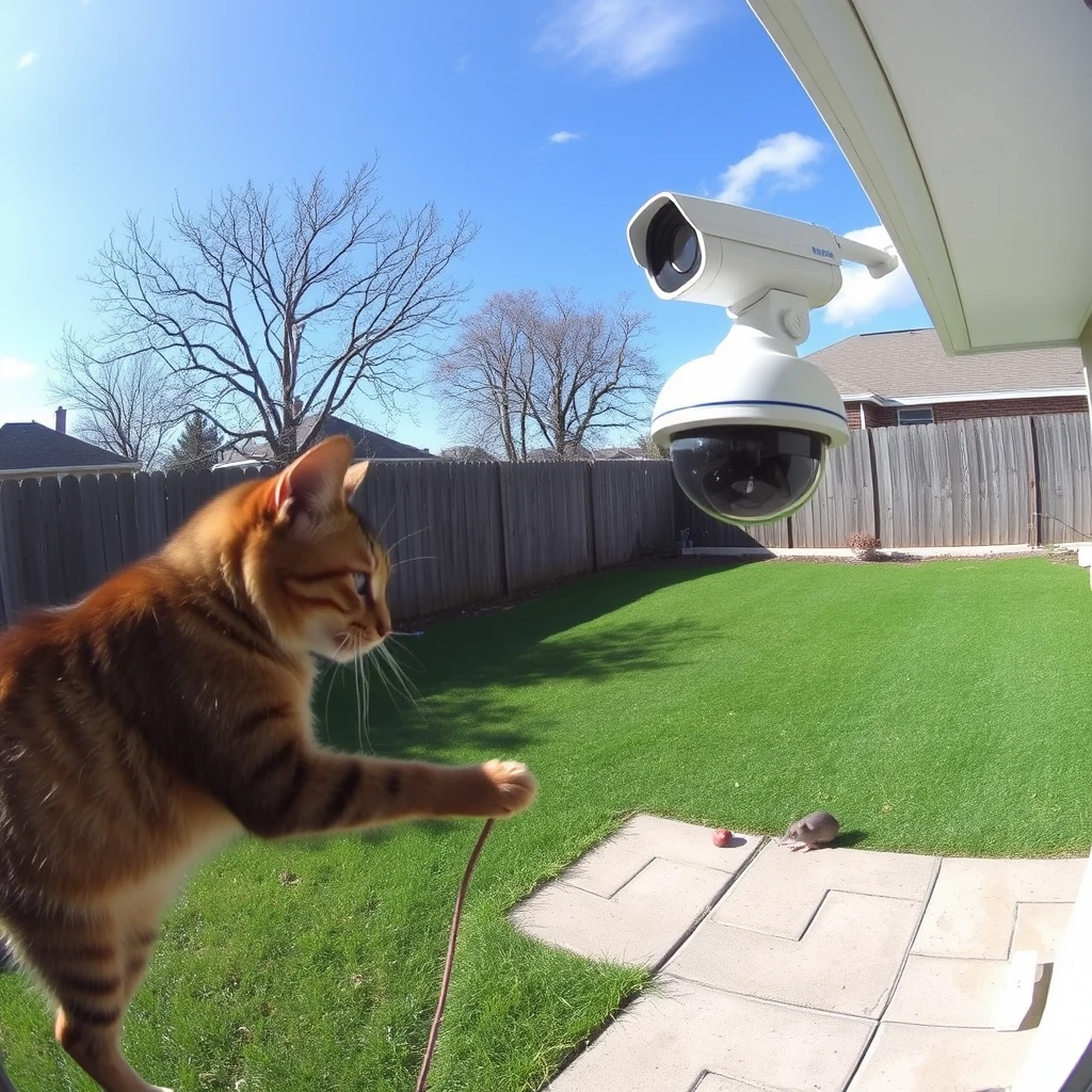 A cat is playing a mouse on the back yard from a surveillance camera perspective.The surveillance is on the edge of the eaves - Image