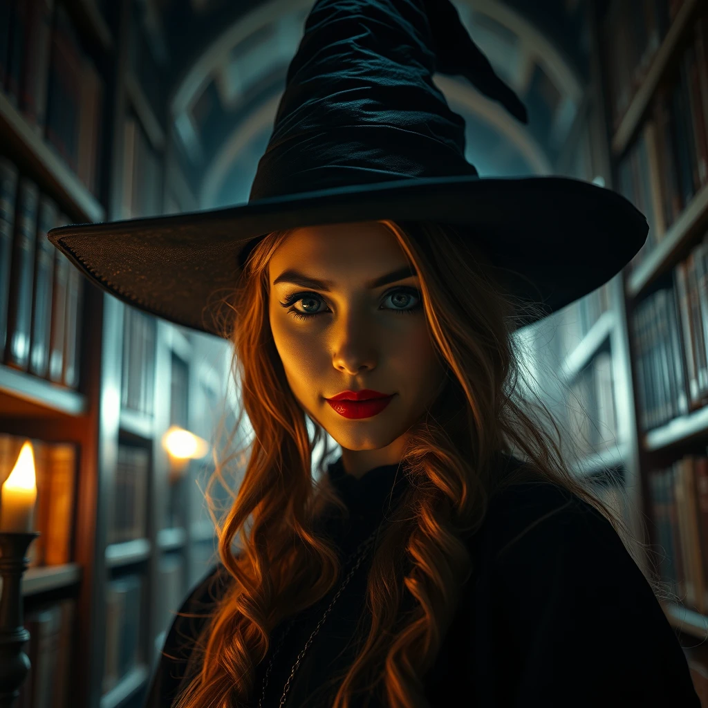 Closeup photo of a beautiful witch in a dark library. - Image