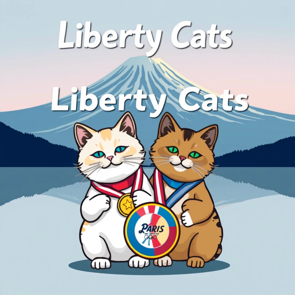 draw a pic with "Liberty Cats Congratulations chinese athletes " big text on the Mount Fuji backgroud,AND tow pixel style cats  in front it together , carring a Paris Olympic gold medal  logo with text "Liberty Cats"
