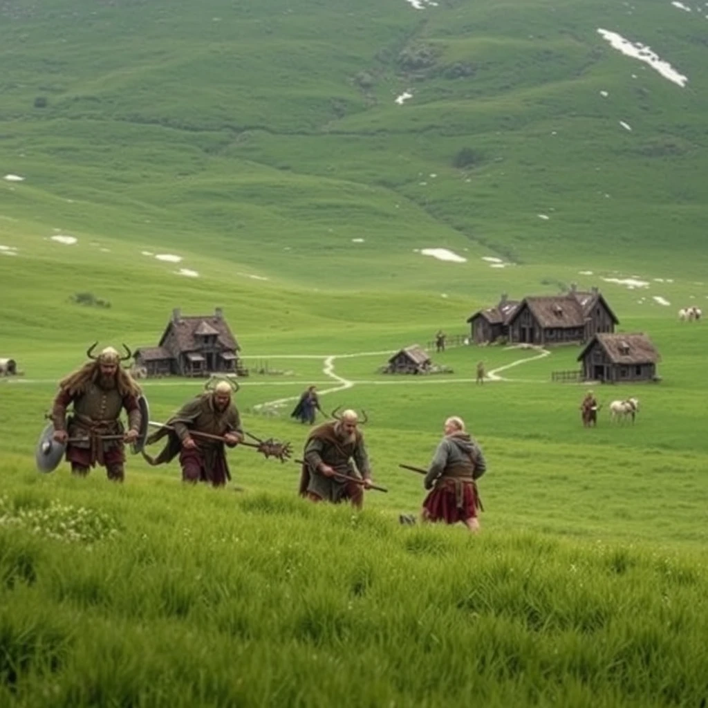 Vikings working in a Norse style village in a green grassland, realistic, snow patches in the distance, in 800s AD.