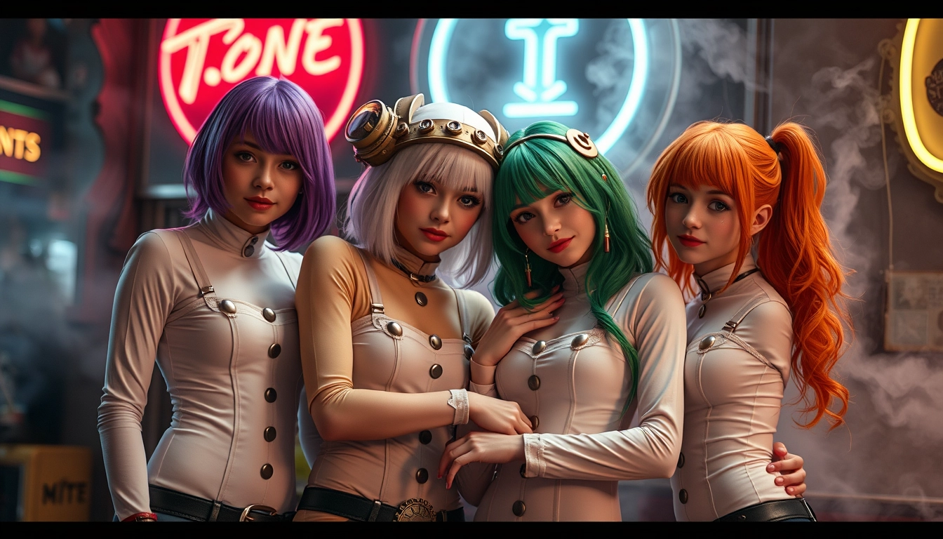 Photo of four girls, steampunk white bodysuit, a: purple hair b: white bangs c: green hair d: orange hair, hugging, neon sign lighting, defocused background, steam smoke. - Image