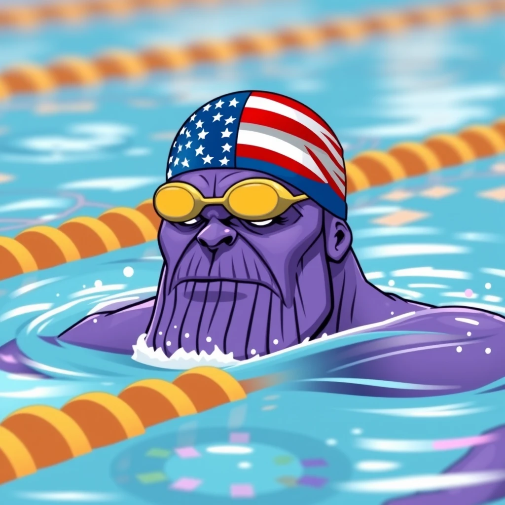 "The purple Thanos is swimming in a competition, wearing a swimming cap with the American flag." - Image