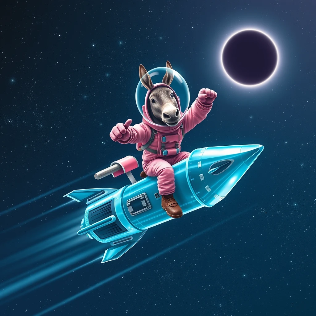 An ambitious donkey wearing pink astronaut costume, riding on a crystal light cyan stunning spaceship, making a punching gesture, flying to the outerspace under a clear night sky with lots of shining stars, passing by a huge black-hole. Realistic style. - Image