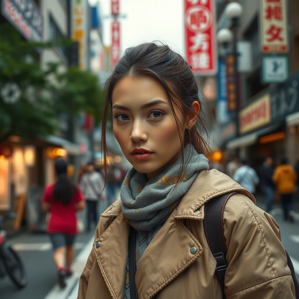 "Generate a Ukrainian woman, background in the streets of Tokyo." - Image