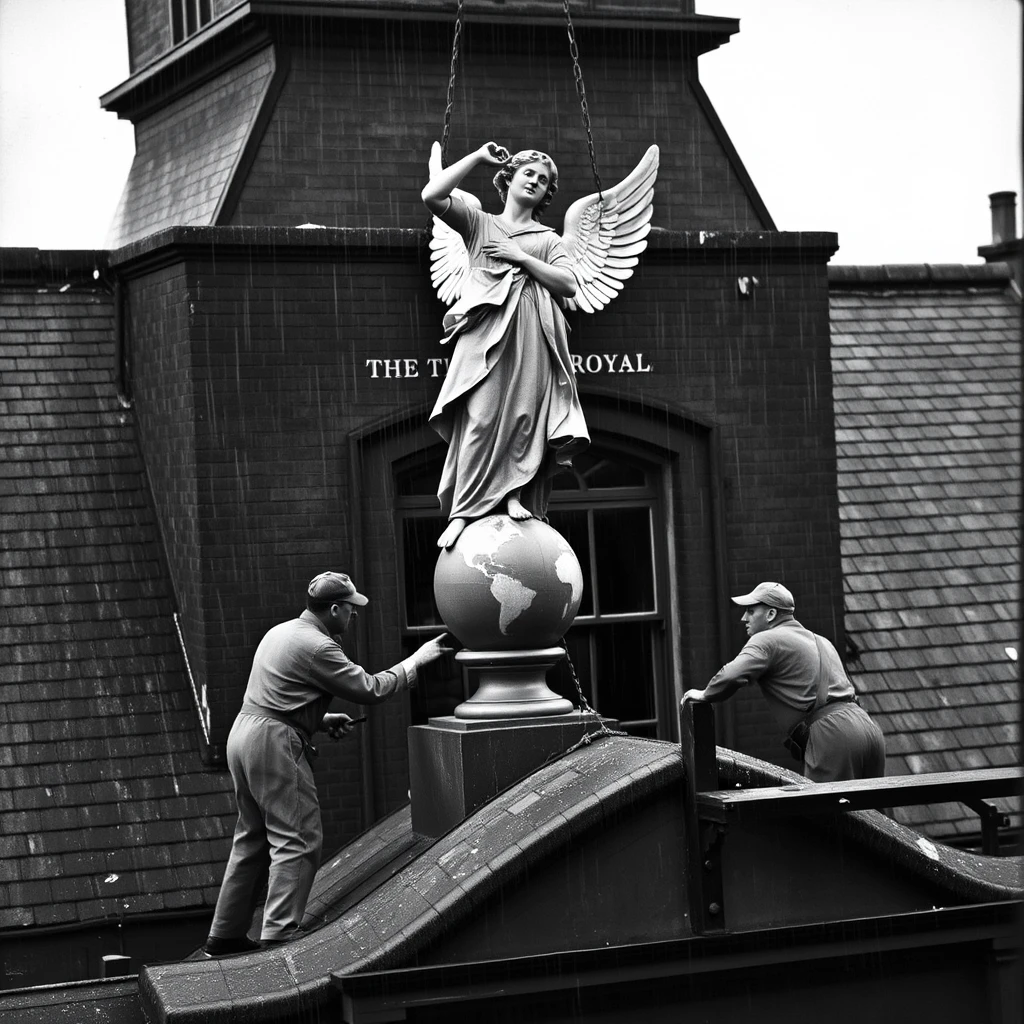 A highly detailed photograph depicting some men removing an 8' tall statue of 'Victory' playing an angel horn, standing on a small globe, from the roof of The 'Theatre Royal' in Chatham, 1940. It's raining and a dark and dismal day.