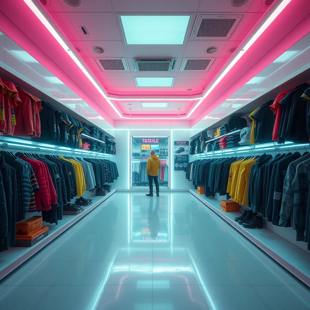 Wear store, big inter room, bright surrounding, nobody, cyberpunk.