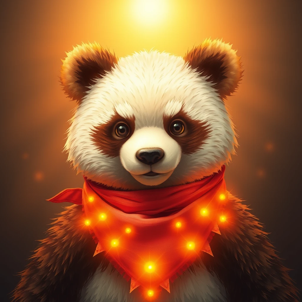 A big crunchy soy panda bear with a bandana made of radiant fiery light.