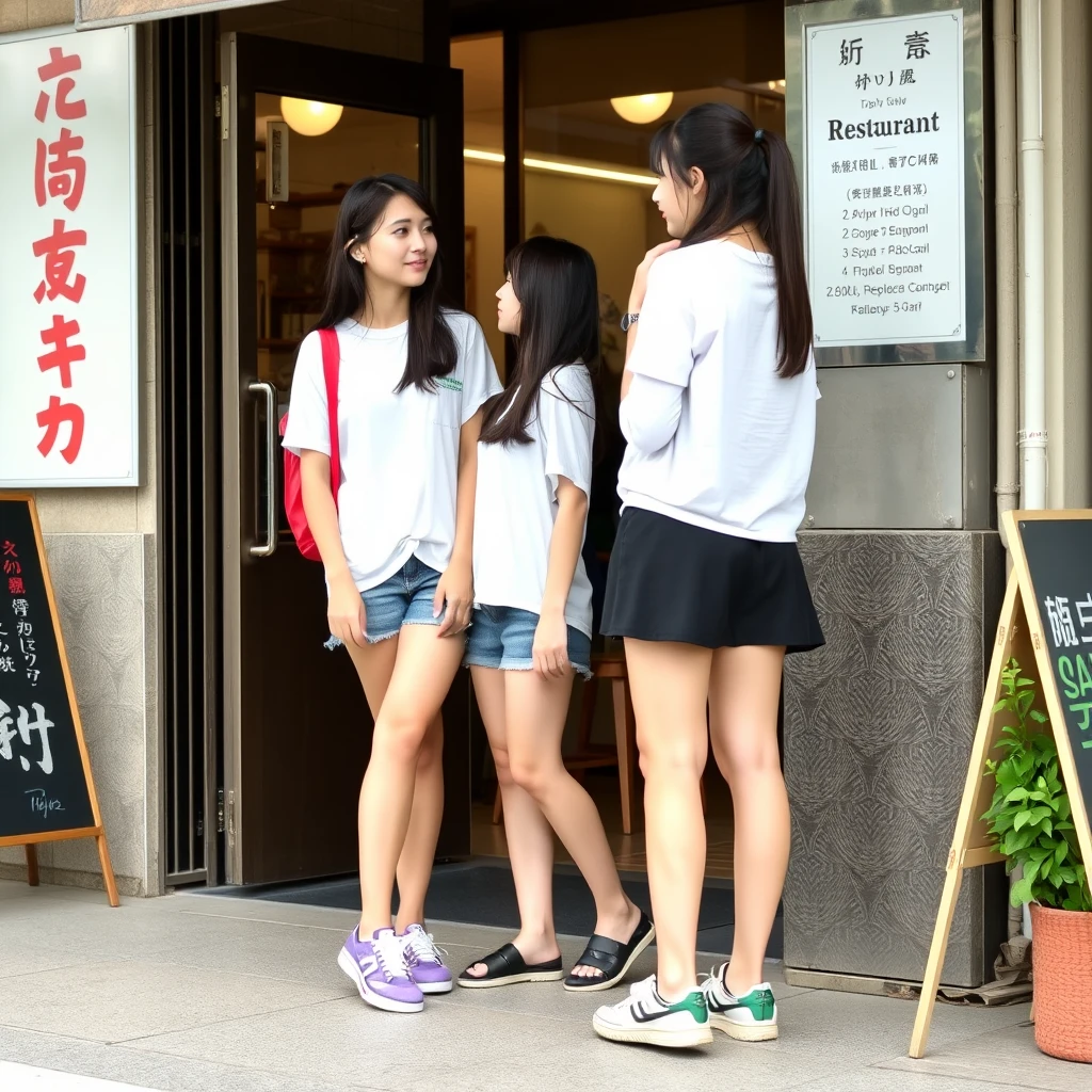 Two young women are chatting outside a restaurant; their shoes are visible. There is a sign outside the restaurant, and the text on the sign can be clearly seen, featuring Chinese characters or Japanese. - Image