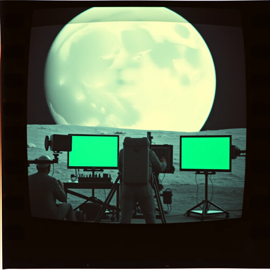 Lost footage of the moon landing revealing green screens in the background, low quality, 1960’s film, camcorder, dated for 1968. Grain, 40mm. - Image