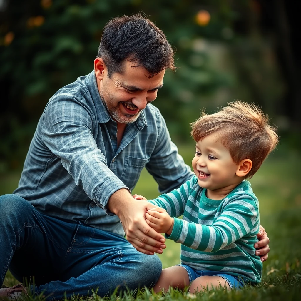 A kid playing with his dad. - Image