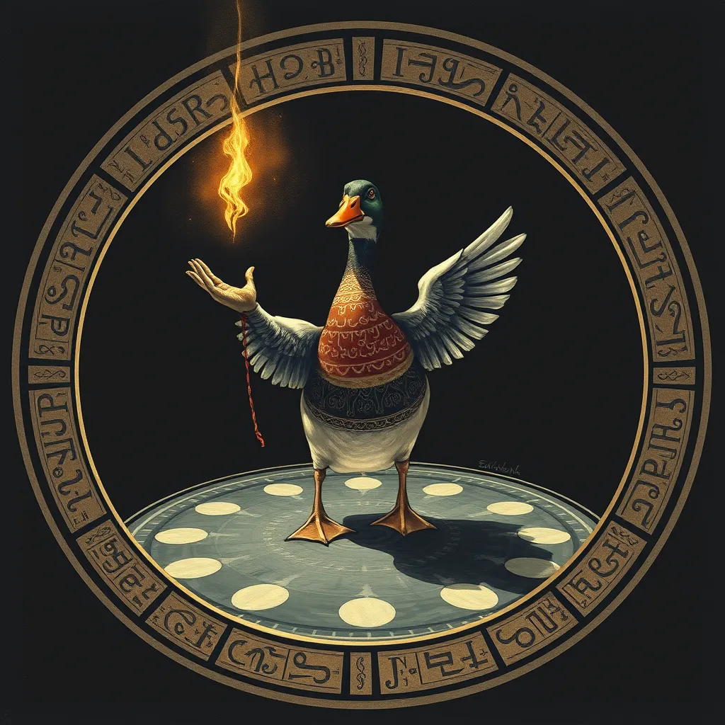 A duck performing a ritual standing within a magic circle with ancient runes, dark background. - Image