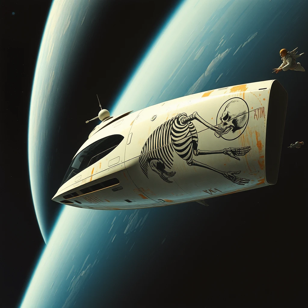 Near wide shot, a space-yacht concept in low Earth orbit, a painting by Syd Mead, sleek, futuristic, a full-length mural depicting a repose skeleton decorates the side, worn paint, blast marks.