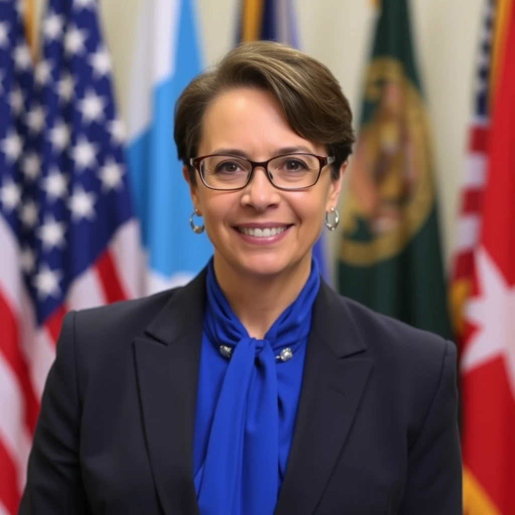 Professional government portrait with flags in the background.