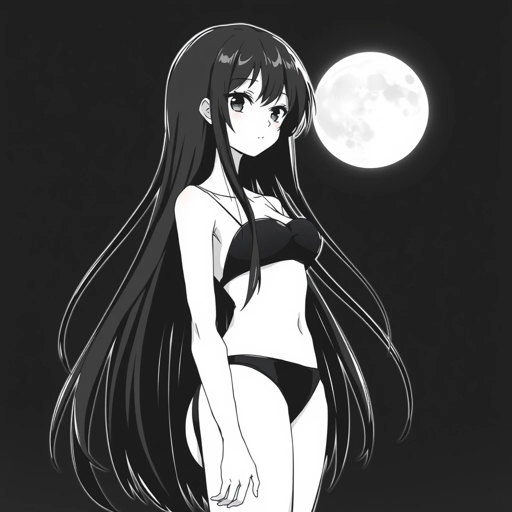 Girl with long, black hair in a black bikini. In the background, a black sky with a big, bright moon. Manga, grayscale.