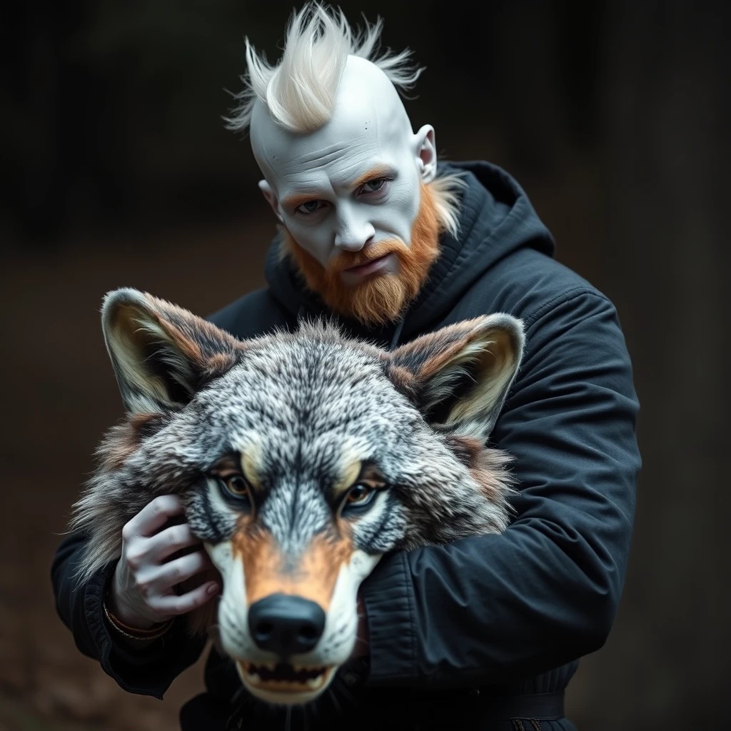 White skinhead man holding wolf fursuit head.