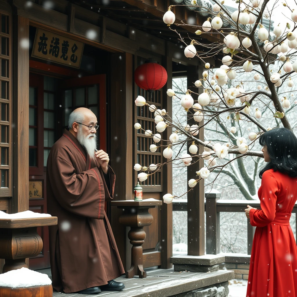 In the quaint and traditional Chinese medicine hall, an elderly man in a Taoist robe is taking the pulse of a young woman in a red dress. Outside the hall, pear blossoms are in full bloom while heavy snow is falling. - Image