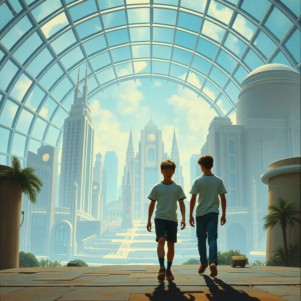 Two teen boys are walking inside a futuristic glass-domed city, a painting by Chesley Bonestell.