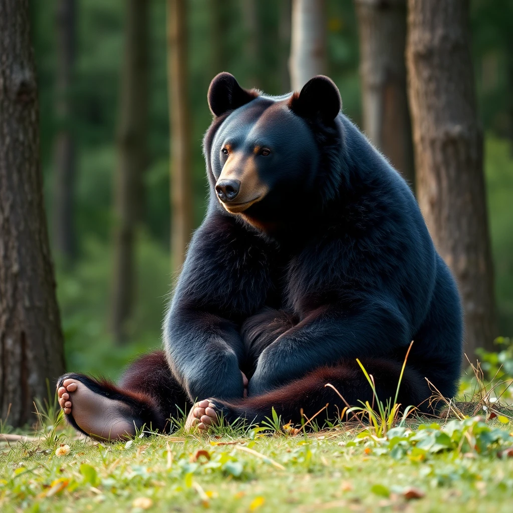 Photorealistic, fat black bear. Sitting in the forest. - Image