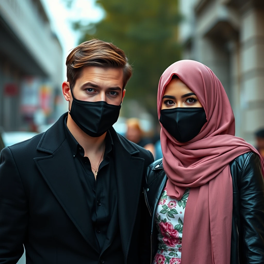 Jamie Dornan's head and body shot, handsome, young, black face mask, unbuttoned black coat suit, dating a girl with the biggest soft pink hijab, beautiful eyes, black leather jacket, black face mask, the largest floral skirt, hyper-realistic, street photography. - Image