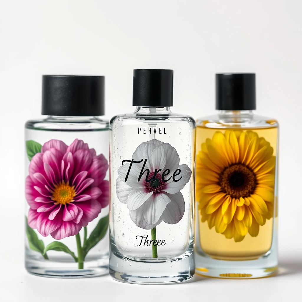 Realistic photography, limited edition glass cosmetic bottles from Paris, featuring the number "Three" and representative floral images printed on the glass bottle, set against a white background. The surface of the bottle is adorned with dewdrops, boasting an epic visual effect and exquisite printing techniques, intricate details, and rich detailing.