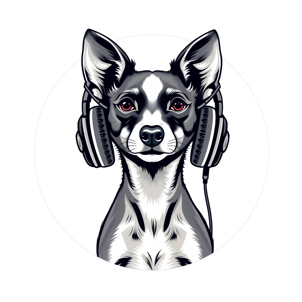 Whippet with headphones, mottled style, clean, simple, white background, professional tshirt design vectorEnclosed in a circle - Image