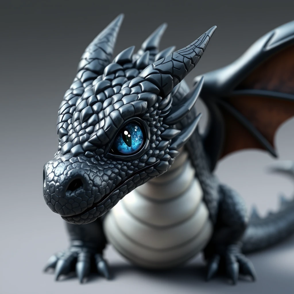 dragon with black scales, blue eyes, and silver underbelly