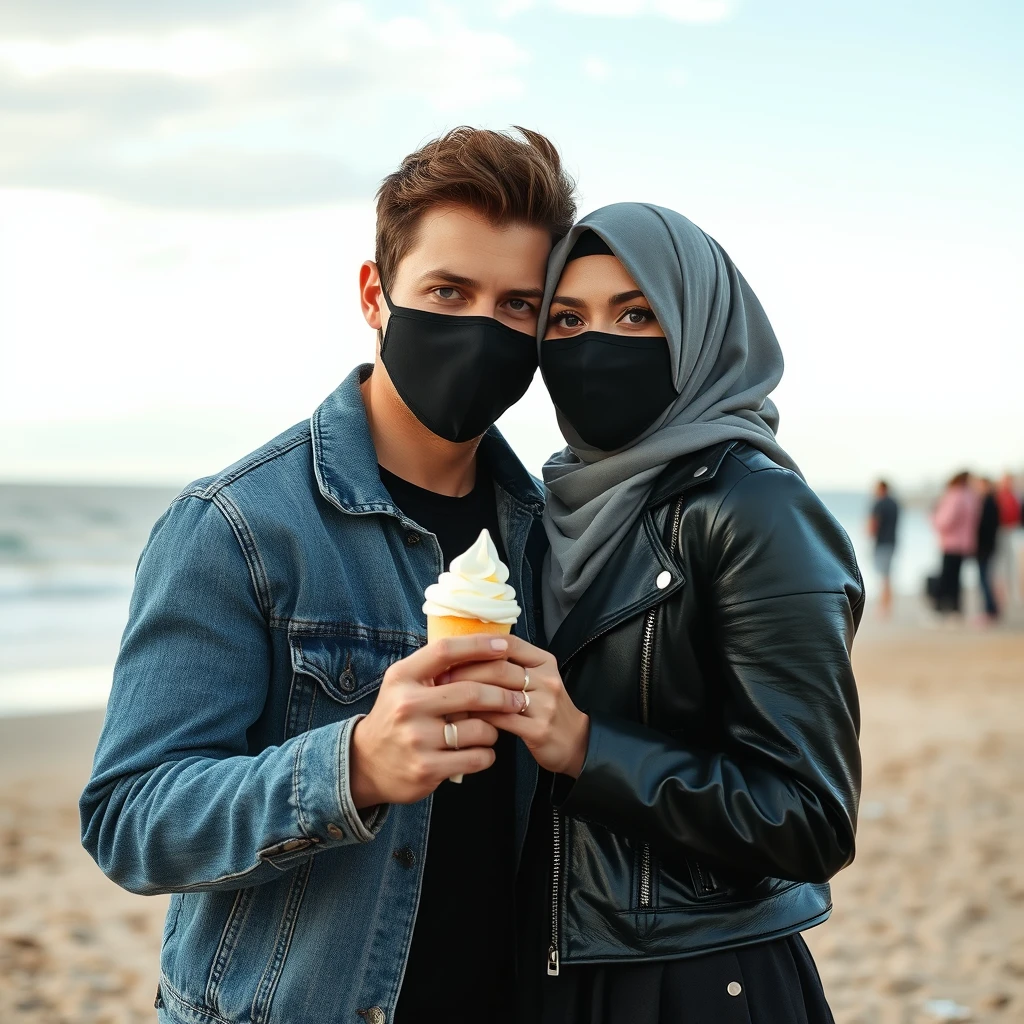 Jamie Dornan's head and body shot, handsome, face mask black, jeans jacket, jeans, dating, love couple with the biggest grey hijab Muslim girl, beautiful eyes, face mask black, black leather jacket, biggest skirt, at the beach, holding an ice cream, hyper-realistic, street photography, selfie.