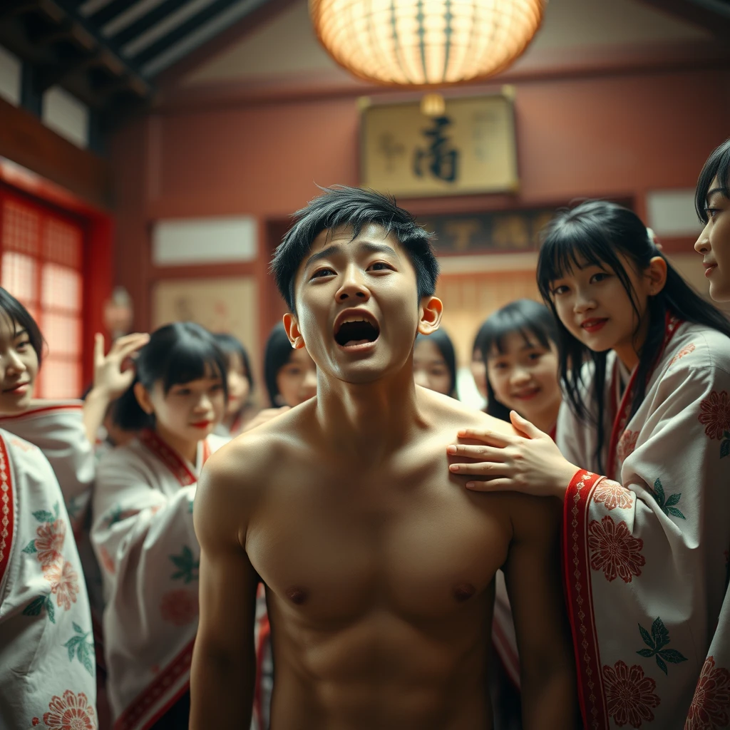 A nude Asian young man in a Japanese shrine, indoors, surprised, screaming, streaming tears, reality, looking at the viewer, many beautiful oirans wearing oiran clothes hug him suddenly.