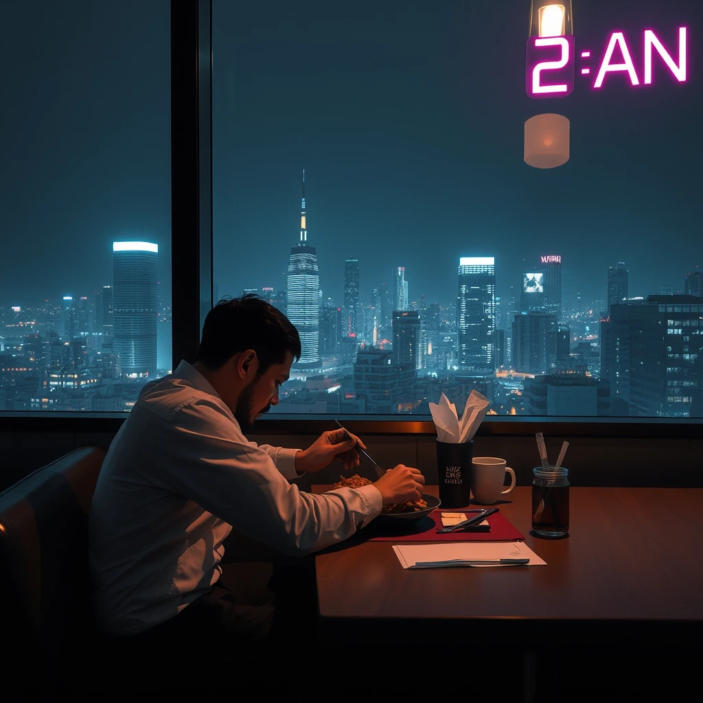 At 2 AM, an office worker is eating at a table by the window in a restaurant, with the city's night view outside. Cyberpunk style. - Image