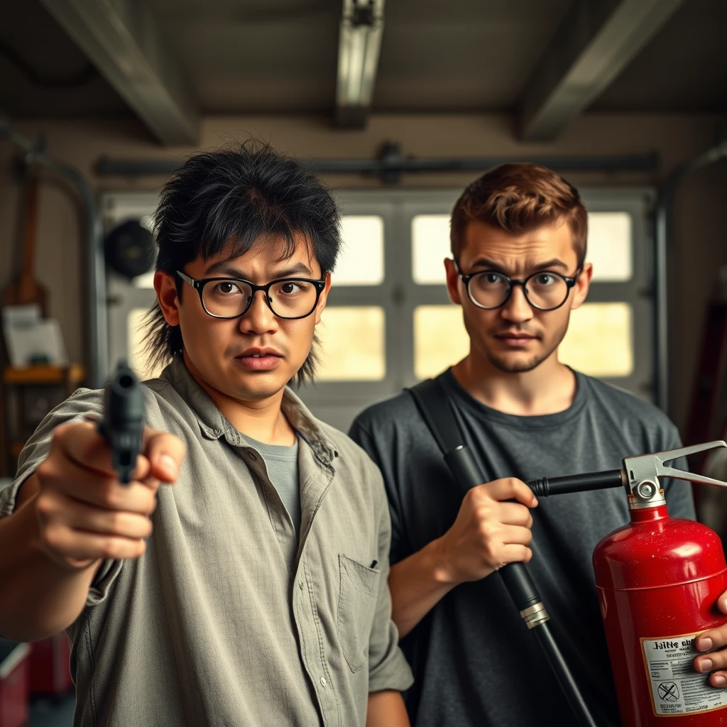 21-year-old white Chinese man with square glasses, long mullet, holding a pistol; 21-year-old white Italian man with round prescription glasses and short hair holding a very large fire extinguisher, in a garage setting, both angry.