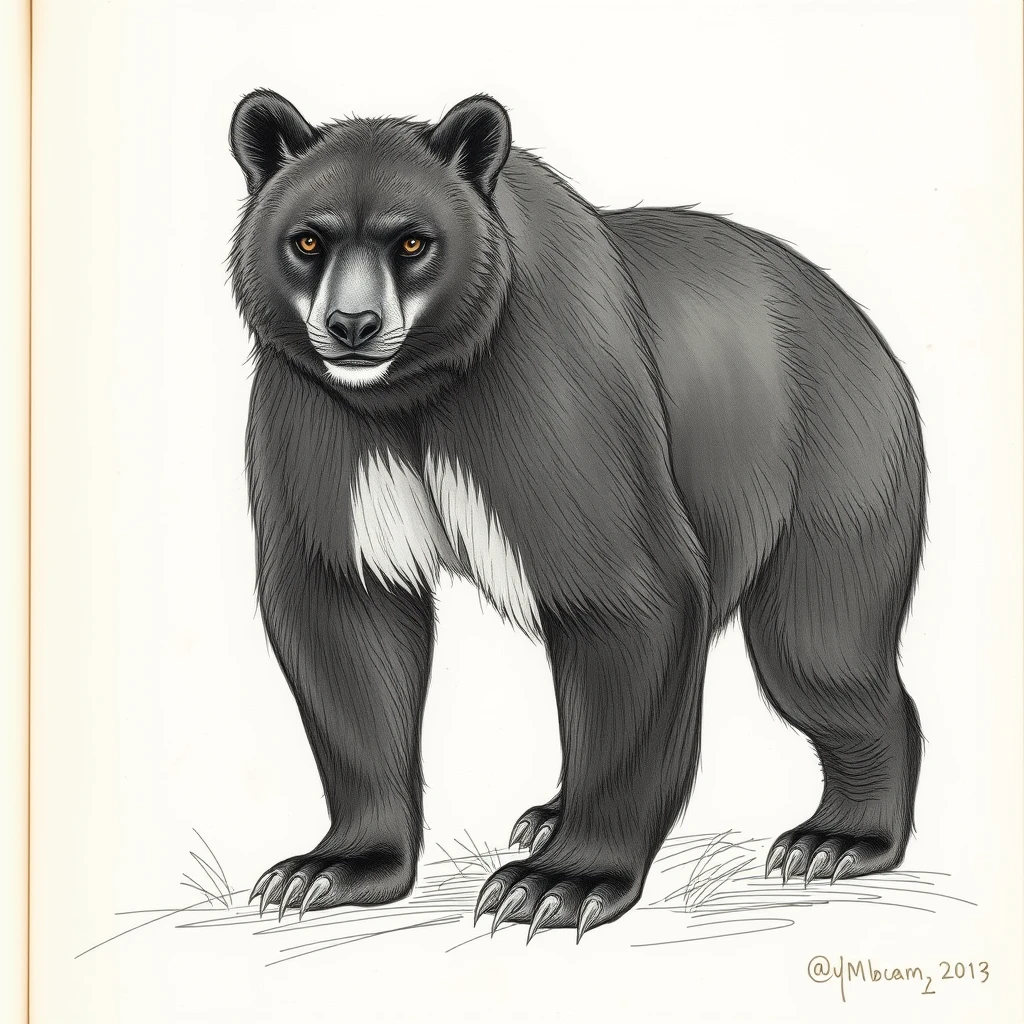 Furry art, quarter view, black bear cougar hybrid. Sketch with field notes. Fantasy bestiary book. - Image