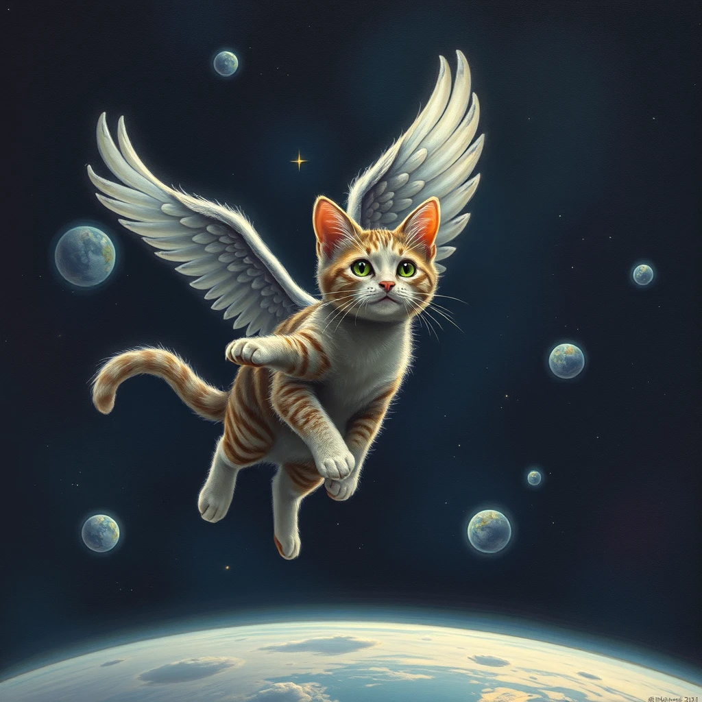 A cat with one wing that can fly in space.