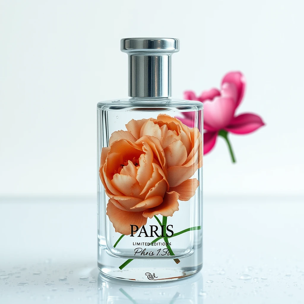 Realistic photography, limited edition glass cosmetics from Paris, with the number Three and representative floral images printed on the glass bottle, white background, dew on the bottle surface, featuring epic visual effects and exquisite printing techniques, intricate details, and rich details. - Image