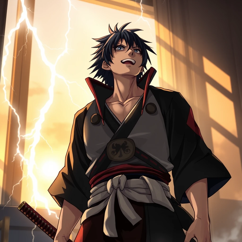 A Uchiha Sasuke with a blend of traditional and modern attire, including a detailed obi belt and katana, surrounded by floating, surreal lightning, sunrise light, angry laugh while looking upward, golden hour, shadow casting from a window, dynamic light.