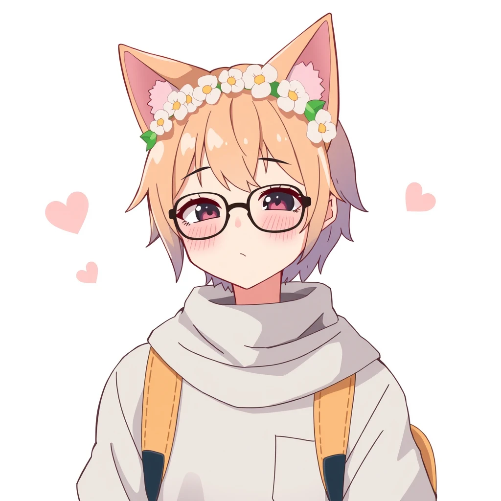 Cute anime boy college student with cat ears, pastel, wearing glasses and a flower crown. They are blushing heavily.