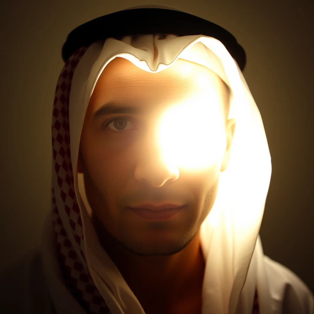 "Create an image of an Arab person with their face illuminated by a very bright, intense light source. The light is so strong that the facial features are obscured and not visible. The background should be subtle to emphasize the brightness of the light. The person's clothing should be traditional, such as a thobe or keffiyeh, but keep the focus on the effect of the light rather than specific details."