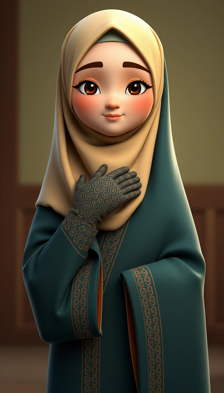 A 3D, 8k animated cartoon depiction of a Muslim woman from Palembang, wearing a traditional long songket and a long gown (gamis). She is adorned with a hijab that covers her chest and wears batik gloves covering her hands. - Image