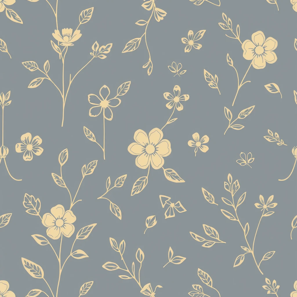 Gray-blue background with beige lines drawn in a floral and foliage pattern containing flowers and flower bones in the open, elegant lines of the leaves, an overall even layout, and a simple and generous pattern.