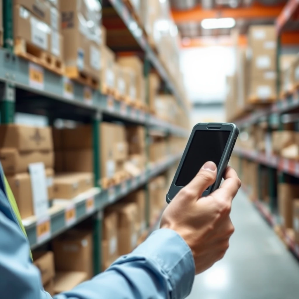 A warehouse manager is holding a PDA and scanning the QR code on the shelf.