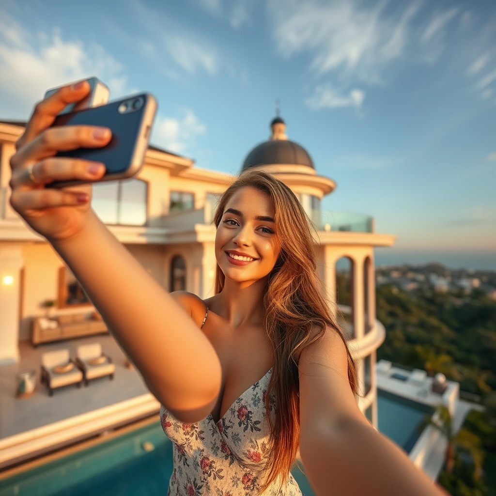 Beautiful girl taking a selfie on the roof of a luxury home, realistic.