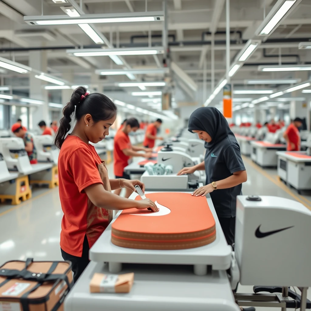 Cutting process in a modern Nike shoe factory, the machine is very modern, all the employees are from Indonesia, spacious.