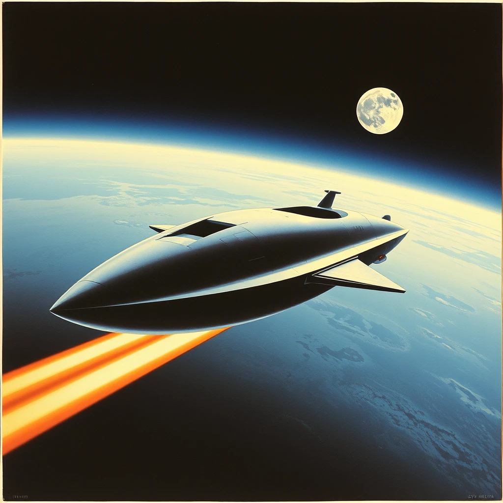 A space liner concept, in orbit, a painting by Syd Mead, sleek, moon setting.