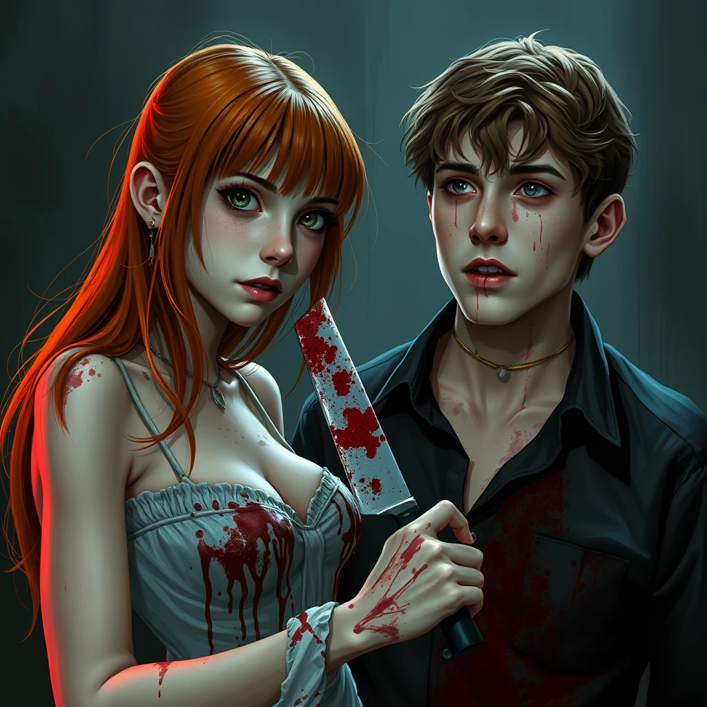 A horror scene; a short skinny teenage girl with long ginger hair and bangs, green eyes, and big breasts is stabbing a tall young white pale brunette guy with black eyes with a knife. Both of them are covered in blood. - Image