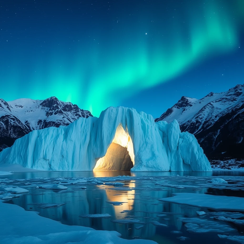 Crystalline ice palace reflecting northern lights, surrounded by snow-capped mountains. - Image