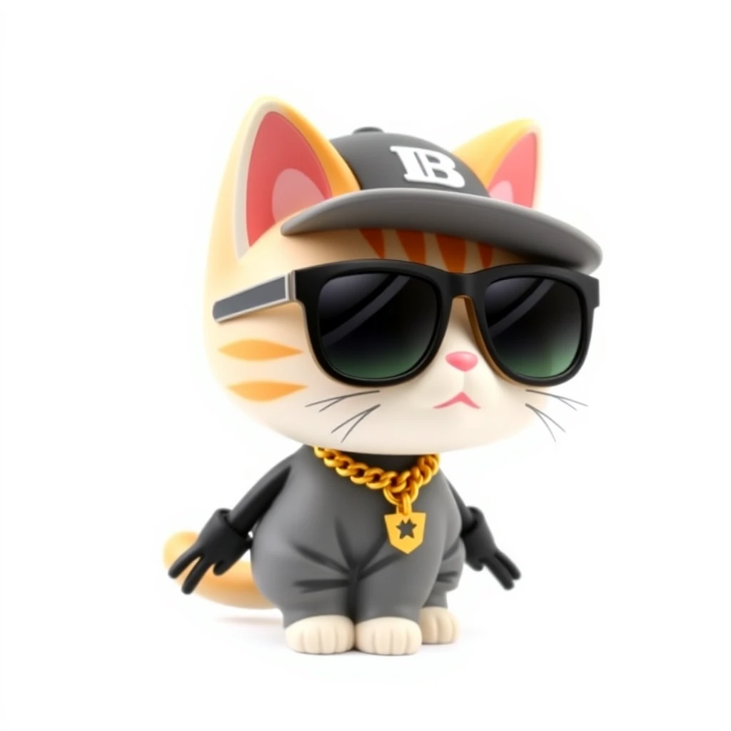 A cat figurine, 3D style, depicted in a cute Japanese chibi (two-head) style, wearing hip-hop style clothing such as oversized sunglasses, a gold chain, baggy pants, and a hat. Overall style is cartoonish and adorable, background is white.