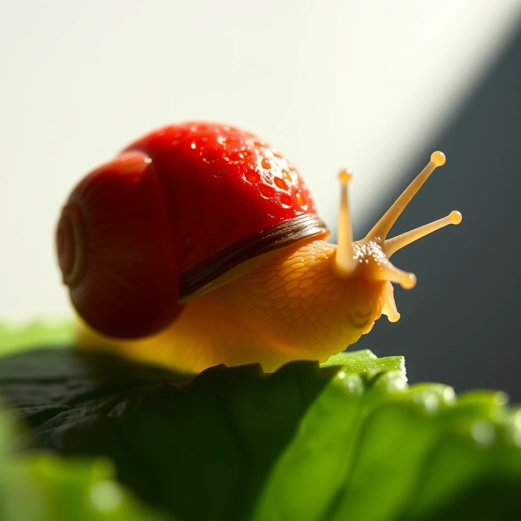 A realistic snail in the play of light and shadow, with its shell perfectly mimicking a ripe strawberry, featuring vibrant red color and detailed seed-like spots. --ar 1:1 --iw 0.25