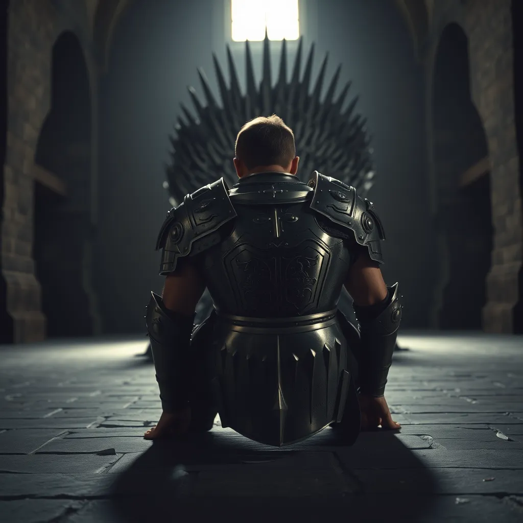 Subject: A handsome and muscular king in full plate armor, positioned on all fours facing the Iron Throne (which is to the back of the shot and not the focus), his head bowed to the ground in prayer.  
Lighting: Dramatic chiaroscuro lighting, with a single light source illuminating the king from behind, casting long shadows that stretch toward the Iron Throne. The scene should have an overall somber and reverent mood.  
Background: The Iron Throne should be slightly out of focus in the background, hinting at its presence and power but not distracting from the king in the foreground. The setting should be a dimly lit, vast hall with stone walls and high, vaulted ceilings, conveying the grandeur and solemnity of the location.  
Details: The king's armor should be highly detailed, showcasing the craftsmanship of the era, with intricate engravings and perhaps some battle damage to hint at his experiences. Focus on the texture of the cold, hard metal against the rough stone floor.  
Composition: The camera angle should be low, looking up at the king to emphasize his vulnerability and submission despite his powerful physique and position.  
Overall Style: Aim for a hyperrealistic, cinematic style, reminiscent of historical epics. The image should feel grounded and authentic, capturing the weight and texture of the scene.