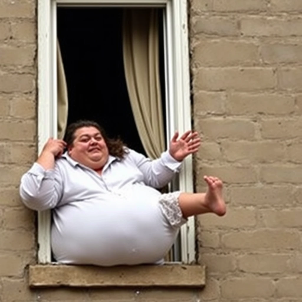 A fat man pushed a woman out of the window, and she fell out of the window, scared. - Image