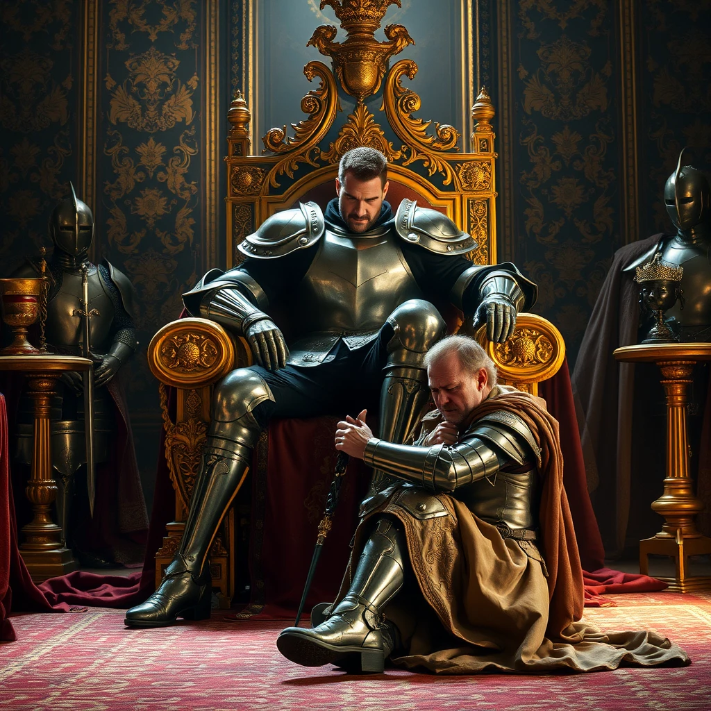 [Scene] A dramatically lit, richly detailed photograph capturing the opulent grandeur of a medieval throne room. Gleaming suits of armor, intricate tapestries, and a majestic golden throne dominate the scene.  
[Characters] A handsome, powerfully-built usurper in gleaming, ornate plate armor sprawls arrogantly upon the golden throne, his posture radiating dominance. A deposed king, his face etched with despair, kneels in tattered finery at the usurper's feet, pressing his lips against the conqueror's armored boot in a gesture of forced submission. - Image